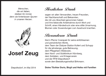 Traueranzeige von Josef Zeug von Pegnitz-Zeitung